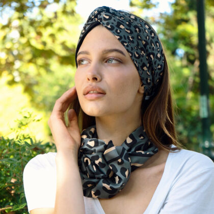 RAHEL GREY: Bandana, τεχνητό μετάξι, βελούδο ανθρακί, μπέζ