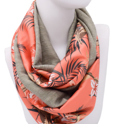 VIRGINIE ORANGE OLIVE: Ανάλαφρο φουλάρι, tropical pattern, βισκόζ/λινό λαδί