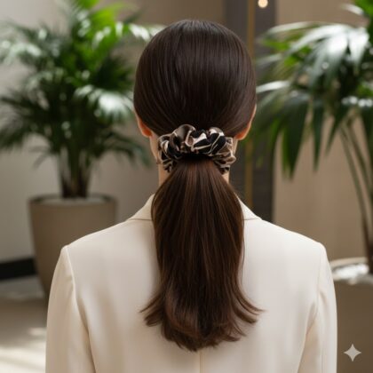 FLORENCE: Χειροποίητο Εμπριμέ λαστιχάκι μαλλιών scrunchie, μπεζ & μόκα