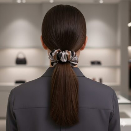 INKA: Χειροποίητο Εμπριμέ λαστιχάκι μαλλιών scrunchie, mocha, blue