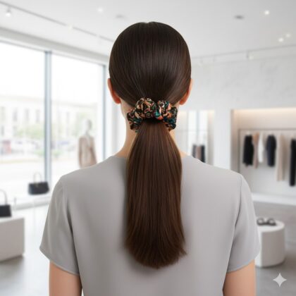 ISABEL: Χειροποίητο Εμπριμέ λαστιχάκι μαλλιών scrunchie, καμηλό, πράσινο & κεραμιδί