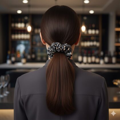 RAHEL GREY: Εμπριμέ λαστιχάκι μαλλιών scrunchie, anthracite, beige