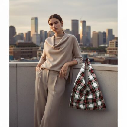 OFF WHITE RED: Τσάντα oversized, καμπαρντίνα καρό, λευκό, κόκκινο