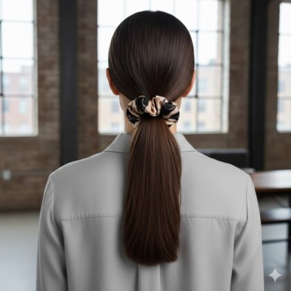 ELDA: Χειροποίητο Εμπριμέ λαστιχάκι μαλλιών scrunchie, mocha, black