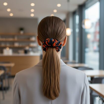 MALE: Χειροποίητο Εμπριμέ λαστιχάκι μαλλιών scrunchie, indigo και orange