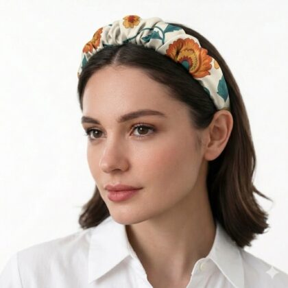 MEDINA satin headband με vintage μεσογειακά αραβικά μοτίβα σε πετρόλ, πορτοκαλί και ώχρα αποχρώσεις. Χειροποίητη statement στέκα μαλλιών.