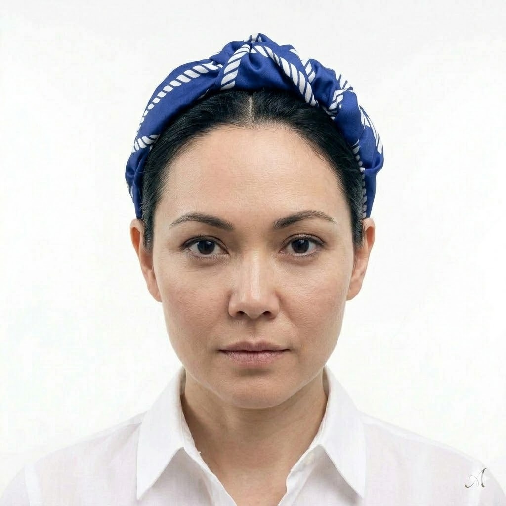 AEGEAN satin headband με rope pattern σε λευκές και μπλε αποχρώσεις. Χειροποίητη εμπριμέ στέκα μαλλιών με μεσογειακή αισθητική.