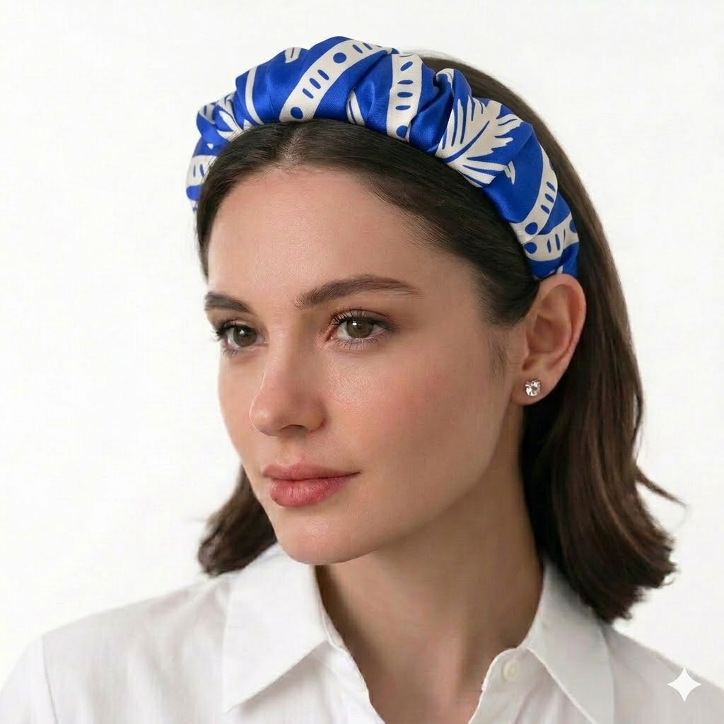 TARIFA satin headband με Hawaiian palm pattern σε royal blue και ιβουάρ αποχρώσεις. Χειροποίητη resort στέκα μαλλιών.
