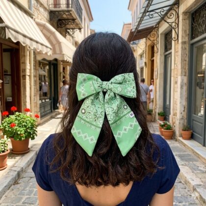 HERMINE PALE GREEN εμπριμέ φιόγκος μαλλιών από σατέν με arabesque lines pattern σε pale green απόχρωση. Διαθέτει μπαρέτα για εύκολη εφαρμογή και σταθερό κράτημα. Κομψό και minimal αξεσουάρ μαλλιών για καλοκαιρινά outfits.