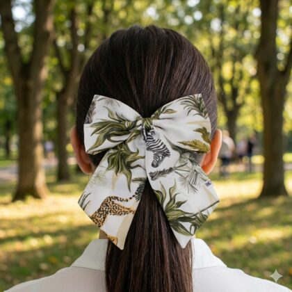 MEEKA εμπριμέ φιόγκος μαλλιών από σατέν με safari pattern με palm trees, zebra, giraffe και elephant σε γήινες αποχρώσεις. Διαθέτει μπαρέτα για εύκολη εφαρμογή και σταθερό κράτημα. Εξωτικό καλοκαιρινό αξεσουάρ μαλλιών για ιδιαίτερα looks.