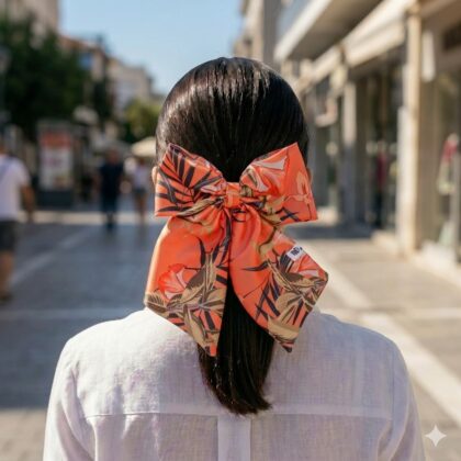 VIRGINIE_ORANGE εμπριμέ φιόγκος μαλλιών από σατέν με tropical pattern σε orange και olive αποχρώσεις. Διαθέτει μπαρέτα για εύκολη εφαρμογή και σταθερό κράτημα. Κομψό καλοκαιρινό αξεσουάρ μαλλιών με τροπική αισθητική.