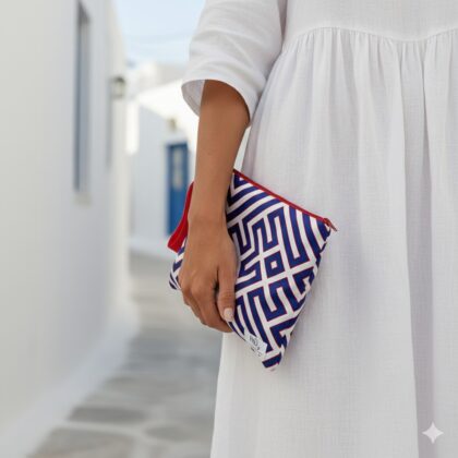 CORA COBALT χειροποίητο σατέν νεσεσέρ με maze pattern σε λευκό και royal blue αποχρώσεις. Κομψό pouch για καλλυντικά και μικρά αντικείμενα.