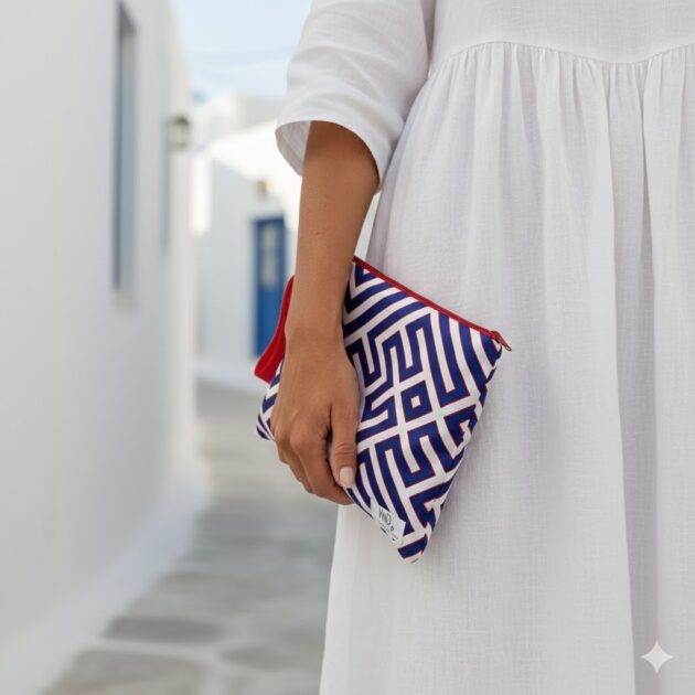 CORA COBALT χειροποίητο σατέν νεσεσέρ με maze pattern σε λευκό και royal blue αποχρώσεις. Κομψό pouch για καλλυντικά και μικρά αντικείμενα.