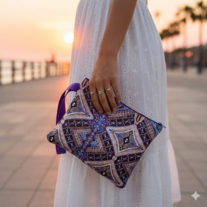 NEYTIRI χειροποίητο σατέν νεσεσέρ με argyle damask pattern σε purple, lila και peach αποχρώσεις. Κομψό pouch για καλλυντικά και μικρά αντικείμενα.