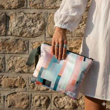 PEARL χειροποίητο σατέν νεσεσέρ με abstract stripes pattern σε salmon και mint αποχρώσεις. Κομψό pouch για καλλυντικά και μικρά αντικείμενα.