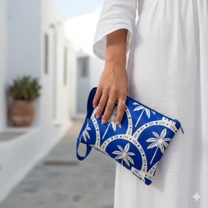 TARIFA χειροποίητο σατέν νεσεσέρ με tropical palm trees pattern σε royal blue και ιβουάρ αποχρώσεις. Κομψό pouch για καλλυντικά και μικρά αντικείμενα.