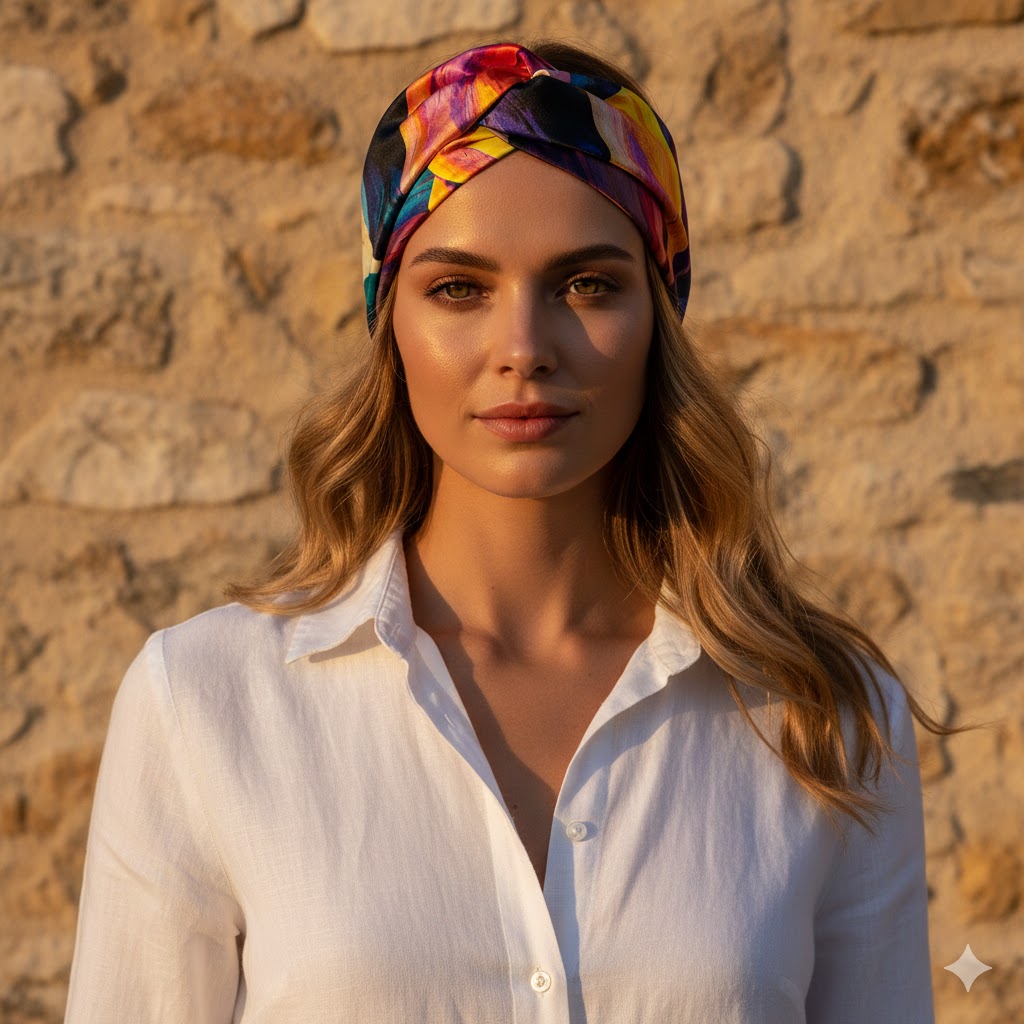 Σατέν bandana κορδέλα μαλλιών BERYL BLACK με abstract shapes pattern σε black και multicolor αποχρώσεις. Καλοκαιρινό αξεσουάρ μαλλιών με μοντέρνα και καλλιτεχνική αισθητική.