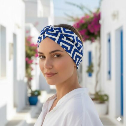Σατέν bandana κορδέλα μαλλιών CORA COBALT με maze pattern σε white και royal blue αποχρώσεις. Ανάλαφρο καλοκαιρινό αξεσουάρ μαλλιών με γεωμετρική και μεσογειακή αισθητική.
