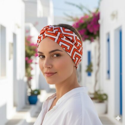 Σατέν bandana κορδέλα μαλλιών CORA ORANGE με maze pattern σε orange και white αποχρώσεις. Καλοκαιρινό αξεσουάρ μαλλιών με γεωμετρική και μεσογειακή αισθητική.