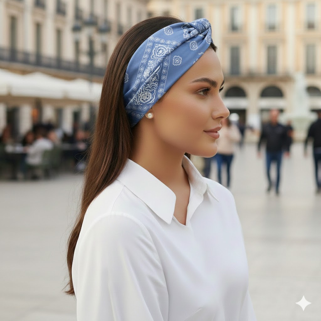 Σατέν bandana κορδέλα μαλλιών HERMINE SKY BLUE με arabesque lines pattern σε sky blue απόχρωση. Ανάλαφρο καλοκαιρινό αξεσουάρ μαλλιών με minimal και κομψή αισθητική.