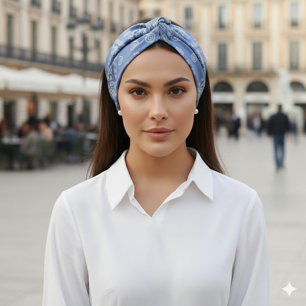 Σατέν bandana κορδέλα μαλλιών HERMINE SKY BLUE με arabesque lines pattern σε sky blue απόχρωση. Ανάλαφρο καλοκαιρινό αξεσουάρ μαλλιών με minimal και κομψή αισθητική.