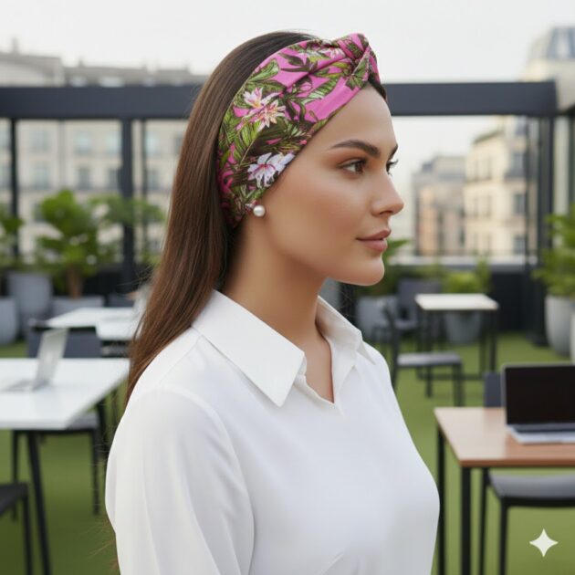 Σατέν bandana κορδέλα μαλλιών INGRID με tropical leaves print σε magenta, olive και cacao αποχρώσεις. Καλοκαιρινό αξεσουάρ μαλλιών με εξωτική και μοντέρνα αισθητική.