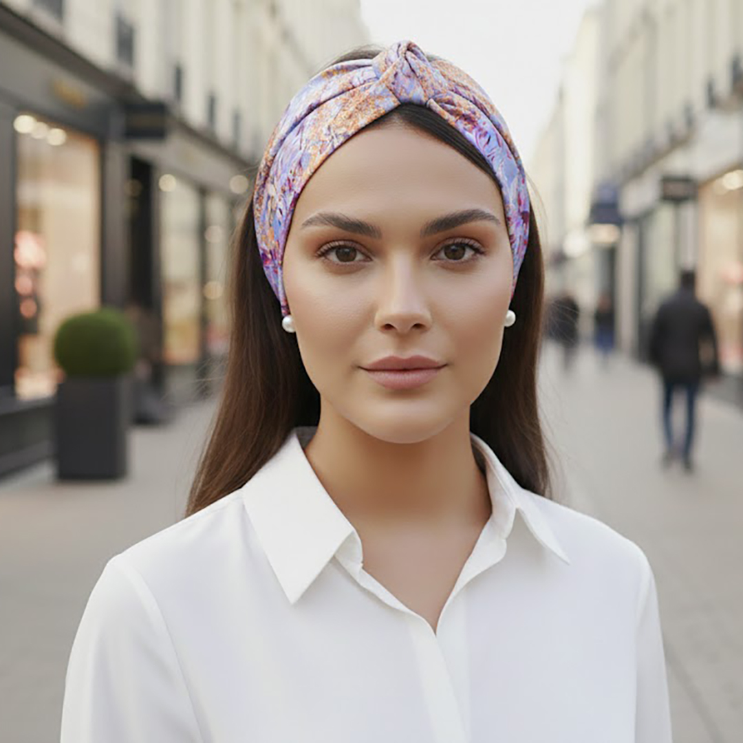Σατέν bandana κορδέλα μαλλιών LILIAN με spring floral pattern σε lila και yellow αποχρώσεις. Ανάλαφρο καλοκαιρινό αξεσουάρ μαλλιών με ρομαντική λουλουδάτη αισθητική.