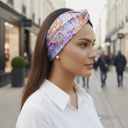 Σατέν bandana κορδέλα μαλλιών LILIAN με spring floral pattern σε lila και yellow αποχρώσεις. Ανάλαφρο καλοκαιρινό αξεσουάρ μαλλιών με ρομαντική λουλουδάτη αισθητική.