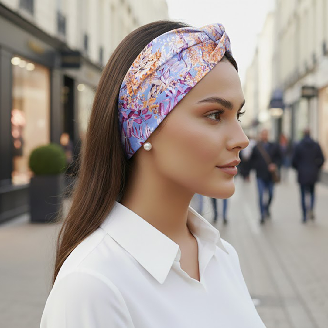 Σατέν bandana κορδέλα μαλλιών LILIAN με spring floral pattern σε lila και yellow αποχρώσεις. Ανάλαφρο καλοκαιρινό αξεσουάρ μαλλιών με ρομαντική λουλουδάτη αισθητική.