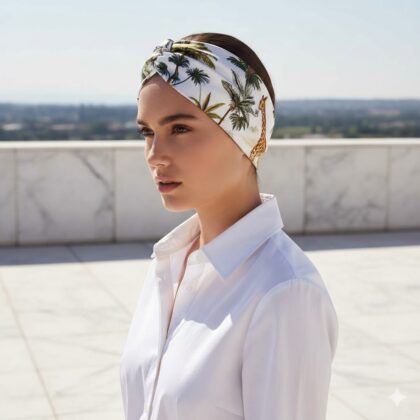 Σατέν bandana κορδέλα μαλλιών MEEKA με safari pattern από palm trees, zebra, giraffe και elephant σε γήινες αποχρώσεις. Καλοκαιρινό αξεσουάρ μαλλιών με εξωτική και natural αισθητική.