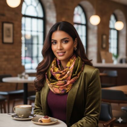 ONDET: φουλάρι infinity, λαδί και κοκκινο, μωβ & Bronze Green Velvet