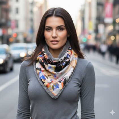 ΤΡΙΓΩΝΟ SNOOD MALVINA: Χειροποίητο φουλάρι, σε cobalt, beige και grey