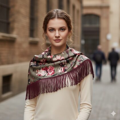 ANTIGONE: Εσάρπα, τεχνητό μετάξι, βελούδο λαδί, μούρο