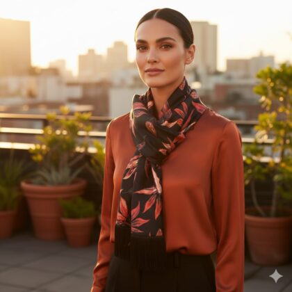 NATALIE: Φουλάρι εσάρμα διπλής όψης, black, orange