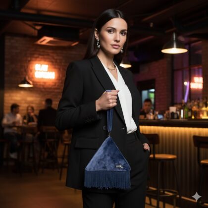 INDIGO: Χειροποίητο τσαντάκι πυραμίδα βελούδο με τρέσσα