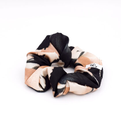 ELDA: Χειροποίητο Εμπριμέ λαστιχάκι μαλλιών scrunchie, mocha, black