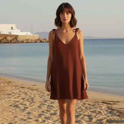Χειροποίητο Short Dress Terracotta από φυσική βισκόζ σε A-line γραμμή. Αέρινο mini φόρεμα σε γήινη terracotta απόχρωση, ιδανικό για κομψές καλοκαιρινές εμφανίσεις και effortless resort looks.