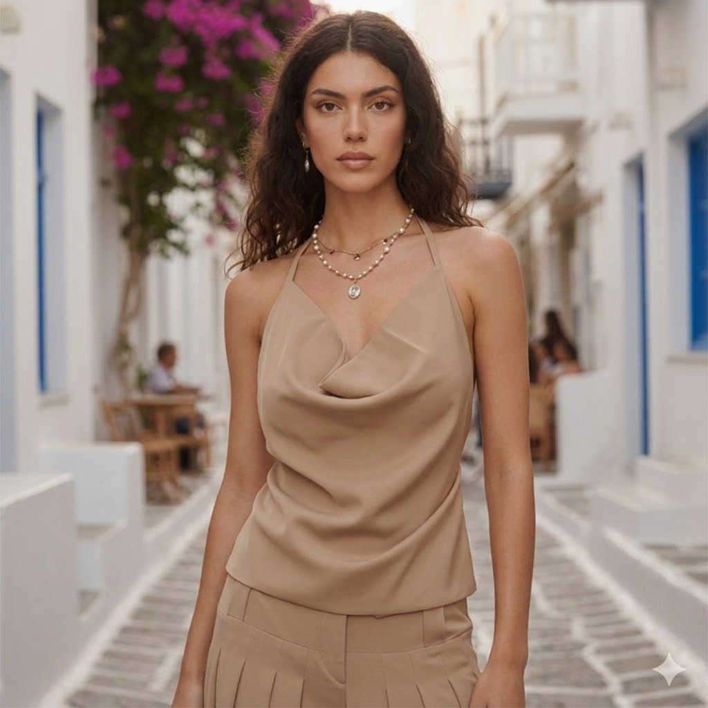 Χειροποίητο Desert Sand Back Halter Top από βισκόζ με ντραπέ λαιμόκοψη και ανοιχτή πλάτη. Τοπ με δέσιμο στον αυχένα και στην πλάτη για κομψή, θηλυκή σιλουέτα και minimal καλοκαιρινό στυλ.
