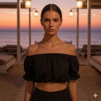 Χειροποίητο Black Crop Top off-shoulder από βισκόζ με puff μανίκια και ελαστική λαιμόκοψη. Αέρινο cropped τοπ με minimal resort αισθητική, ιδανικό για καλοκαιρινά Mediterranean looks.