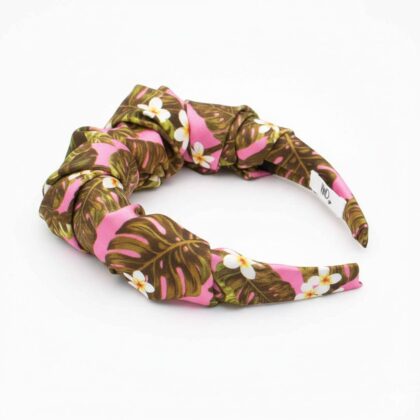 INGRID satin headband με tropical leaves print σε magenta, olive και cacao αποχρώσεις. Χειροποίητη statement στέκα μαλλιών.