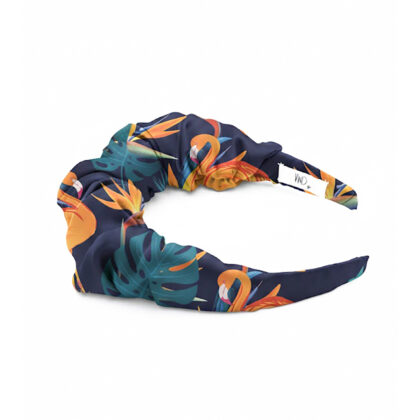 MALAGA satin headband με tropical leaves και flamingo pattern σε πορτοκαλί και μελιτζανί αποχρώσεις. Χειροποίητη statement στέκα μαλλιών.