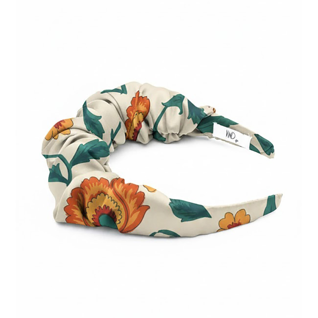 MEDINA satin headband με vintage μεσογειακά αραβικά μοτίβα σε πετρόλ, πορτοκαλί και ώχρα αποχρώσεις. Χειροποίητη statement στέκα μαλλιών.