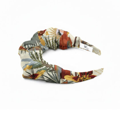 RONTA satin headband με tropical pattern (τουκάν και μεγάλα φύλλα) σε κεραμιδί, λαδί και γκρι αποχρώσεις. Χειροποίητη statement στέκα μαλλιών.