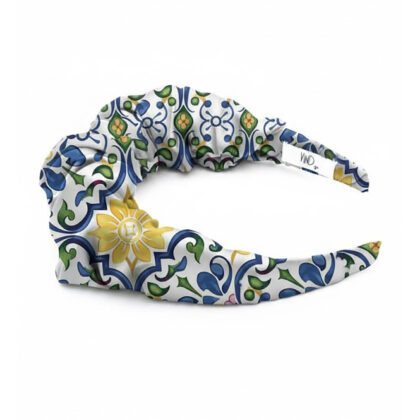 SORENTO satin headband με vintage μεσογειακά αραβικά μοτίβα σε royal blue και κίτρινες αποχρώσεις. Χειροποίητη statement στέκα μαλλιών.