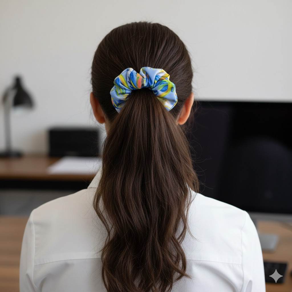 BERENICE INDIGO εμπριμέ σατέν scrunchie (λαστιχάκι μαλλιών) με impression flowers pattern σε indigo και yellow αποχρώσεις. Κομψό και πρακτικό αξεσουάρ μαλλιών με απαλή υφή και σταθερό κράτημα.