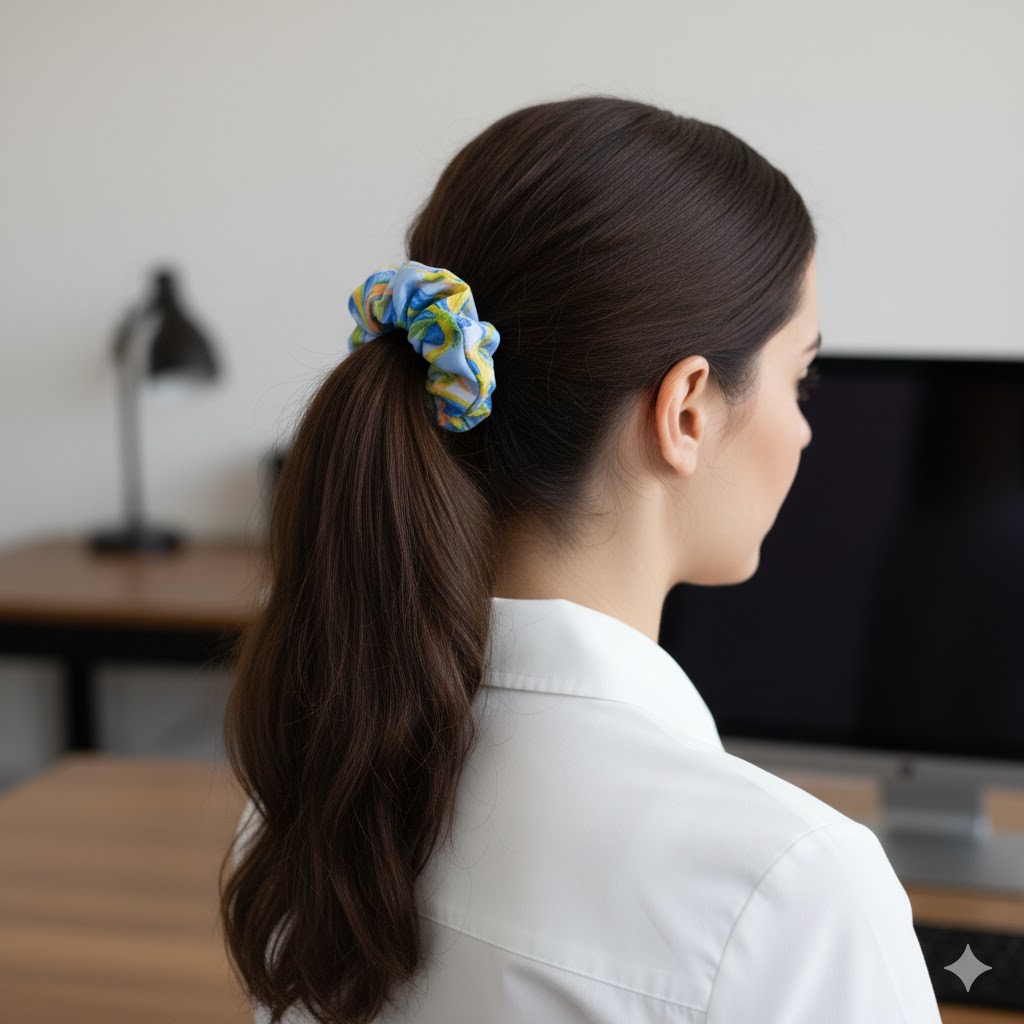 BERENICE INDIGO εμπριμέ σατέν scrunchie (λαστιχάκι μαλλιών) με impression flowers pattern σε indigo και yellow αποχρώσεις. Κομψό και πρακτικό αξεσουάρ μαλλιών με απαλή υφή και σταθερό κράτημα.