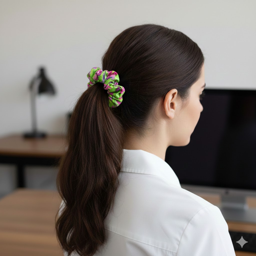 BERENICE_KIWI εμπριμέ σατέν scrunchie (λαστιχάκι μαλλιών) με impression flowers pattern σε kiwi green και purple αποχρώσεις. Κομψό floral αξεσουάρ μαλλιών με απαλή υφή και σταθερό κράτημα.