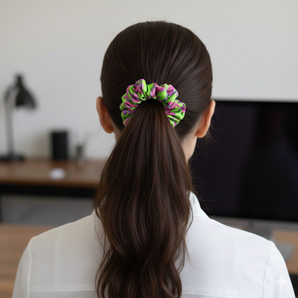 BERENICE_KIWI εμπριμέ σατέν scrunchie (λαστιχάκι μαλλιών) με impression flowers pattern σε kiwi green και purple αποχρώσεις. Κομψό floral αξεσουάρ μαλλιών με απαλή υφή και σταθερό κράτημα.