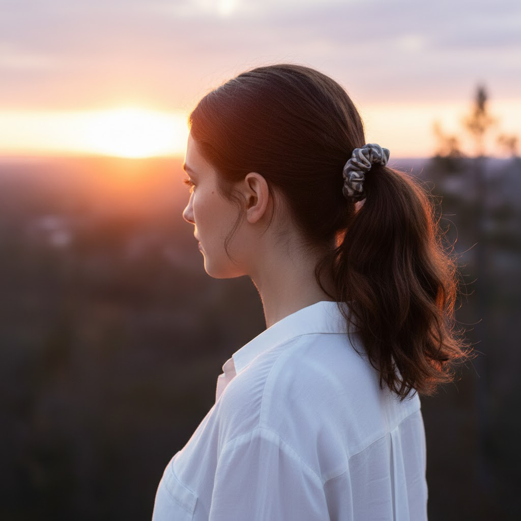 LIVIA GREY LATTE εμπριμέ σατέν scrunchie (λαστιχάκι μαλλιών) με geometric lines pattern σε grey και latte αποχρώσεις. Minimal και κομψό αξεσουάρ μαλλιών με απαλή υφή και σταθερό κράτημα.