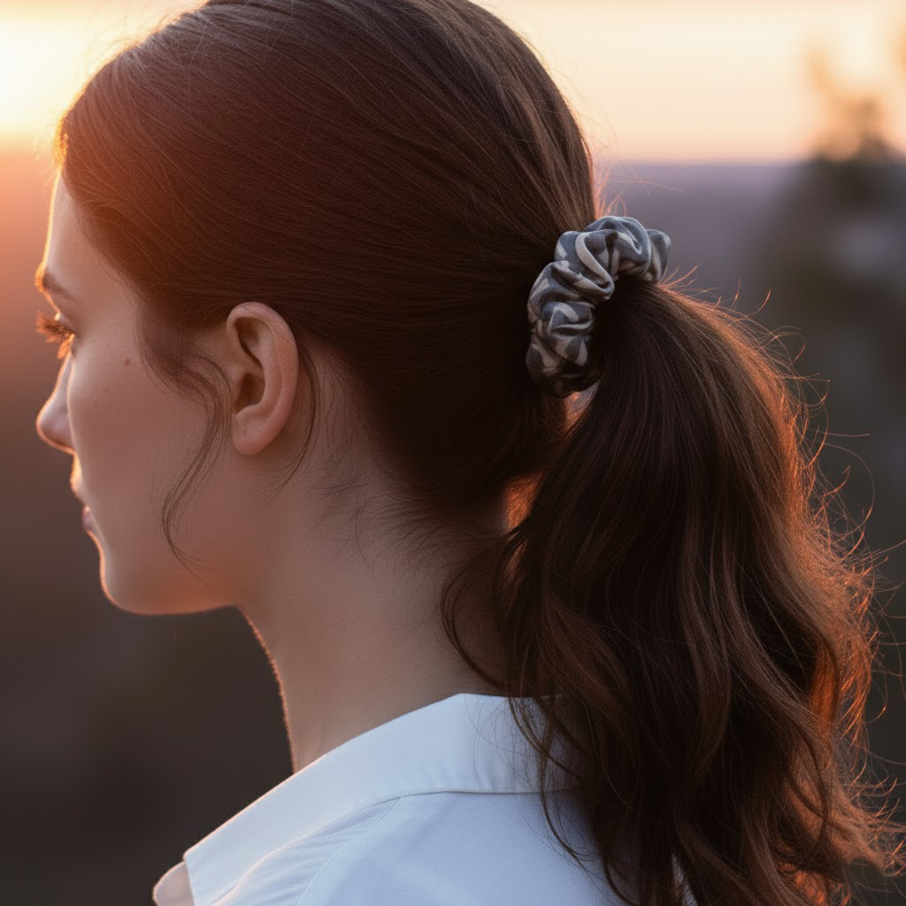 LIVIA GREY LATTE εμπριμέ σατέν scrunchie (λαστιχάκι μαλλιών) με geometric lines pattern σε grey και latte αποχρώσεις. Minimal και κομψό αξεσουάρ μαλλιών με απαλή υφή και σταθερό κράτημα.